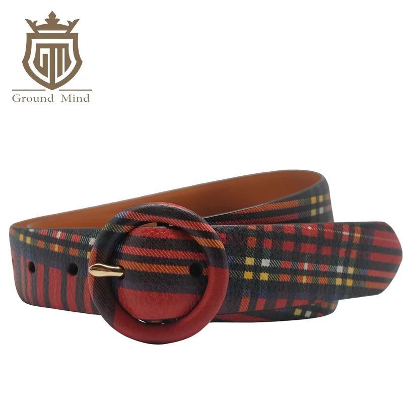 

Fashion Red Plaid Full Grain Leather Women's Belt Luxury Genuine Leather Round Buckle Lady Belts