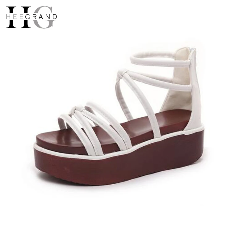 HEE GRAND Women Cross tied Sandals 2017 Flat Platform Back Zip Narrow Band Summer Black White 