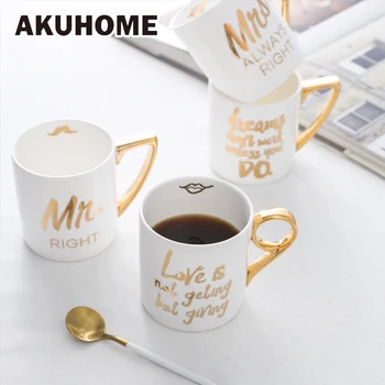 Creative Bone China Mug-tazas de café de cerámica de estilo europeo chapadas en oro de 24K, tazas de leche de porcelana Mr. Mrs AKUHOME