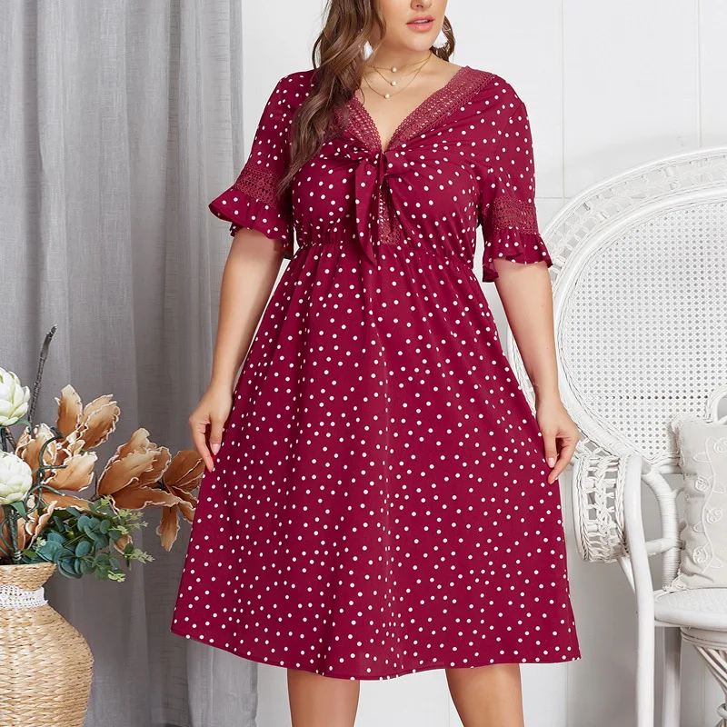 

Big Size Polka Dot Women Dress Plus Size 4XL Femamle Midi Party Dresses Red Robe Oversized 3XL Print Summer Dress Mujer A055