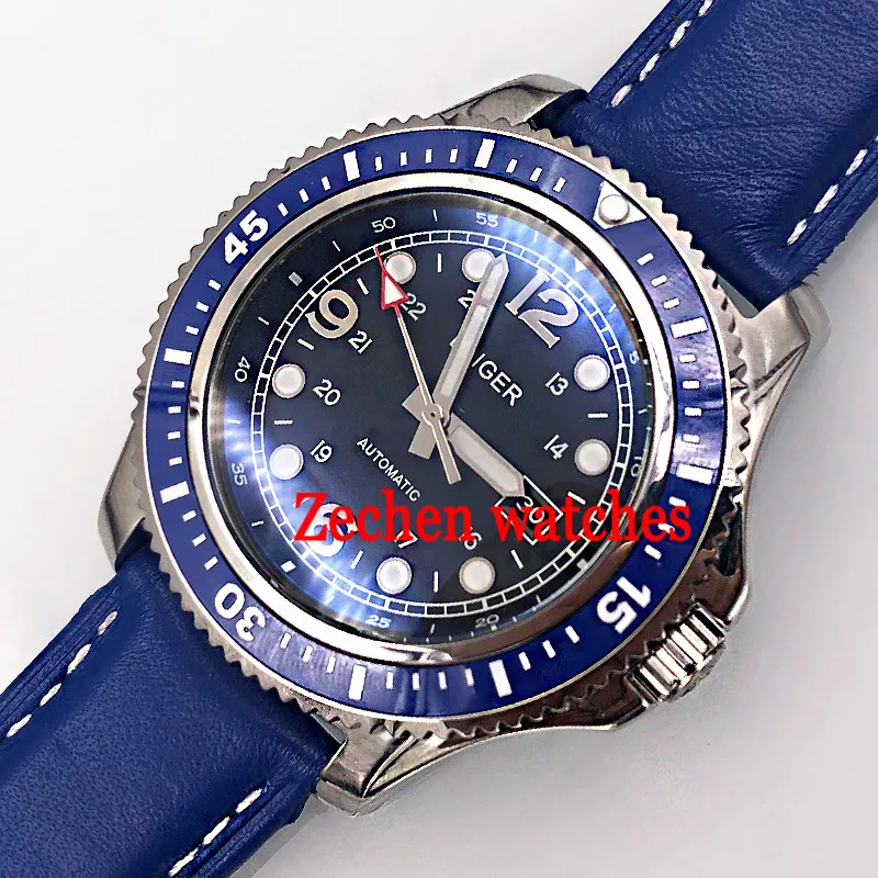 

44mm bliger miyota sterile black dial sliver case blue ceramic bezel date window white Automatic mens Watch