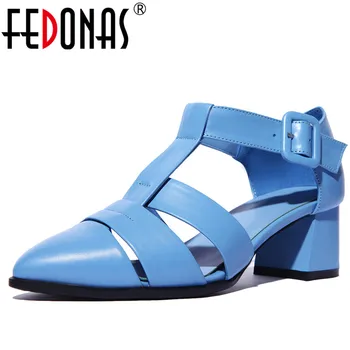 

FEDONAS Women Genuine Leather Pumps Square High Heel Pointed Toe Spring Autumn Elegant Ladies Wedding Party Shoes Woman Pumps