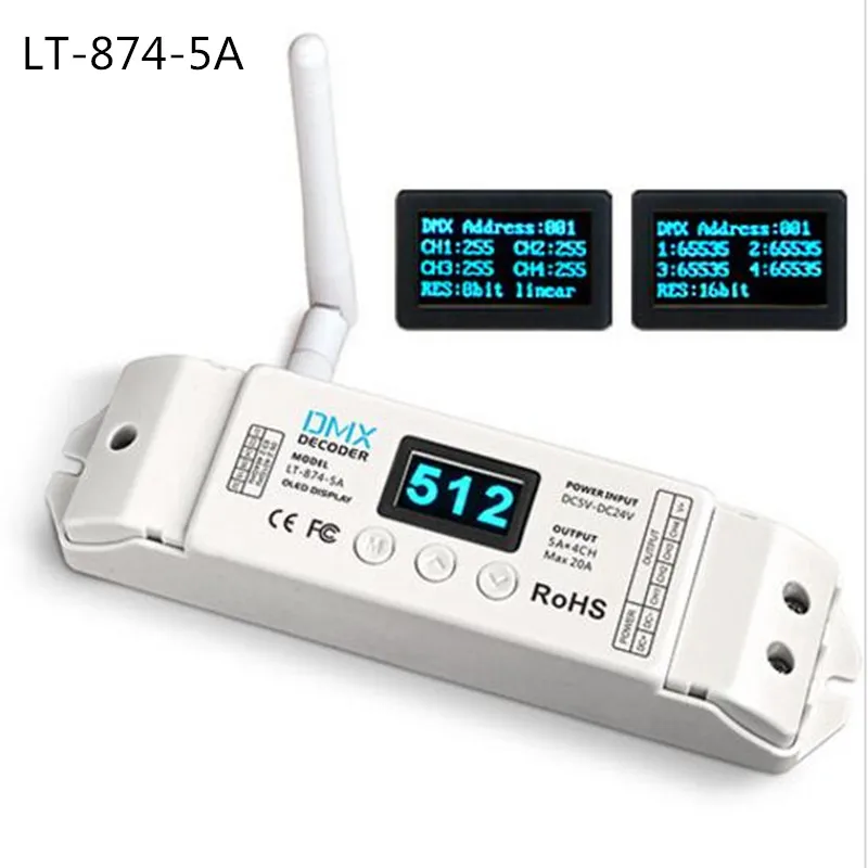

LT-874-5A 2.4G Wireless DMX512 DECODER WITH OLED display, DMX Decoder, Match wireless emitter LT-870, LT8745A