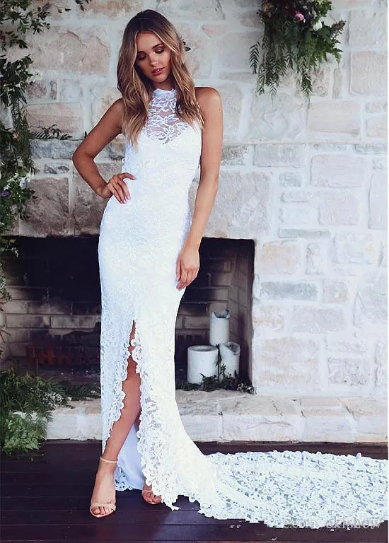 

Beach Vestido De Noiva 2019 Muslim Wedding Dresses Mermaid High Collar Lace Slit Backless Boho Wedding Gown Bridal Dress