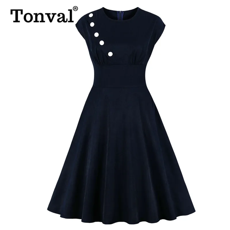 

Tonval Navy Blue Solid Slant Button Vintage Soft Dress Women Cap Sleeve Pocket Side High Waist Rockabilly Ruched Swing Dresses