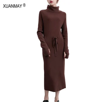 

Autumn 2018 Long style Over-the-knee Sweater dress loose casual women's Pullover high collar Sweater fashion light Gray sweater