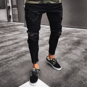 

New Men Shredded Skinny Pants Knee Ripped Hole Destroyed Distressed Pencil Stretchy Men's Pants