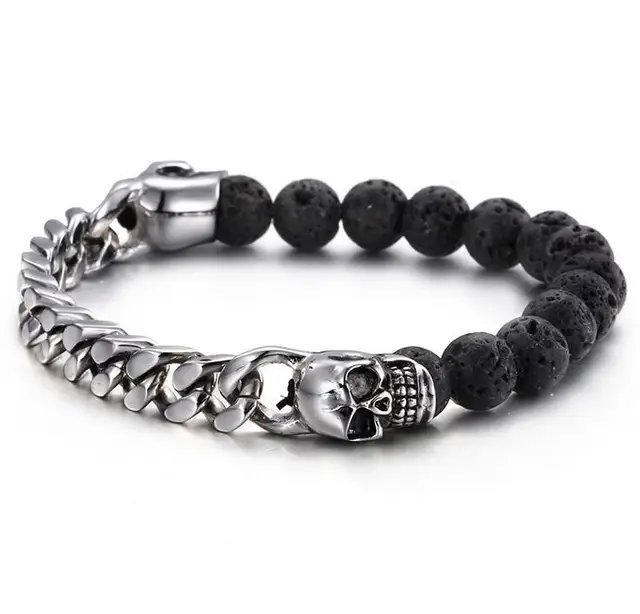 New Punk Gold Silver Dubai Color Link Chain Skull Head New Punk Gold Silver Dubai Color Link Chain Skull Head Bracelets Gothic Lava Beads Men S