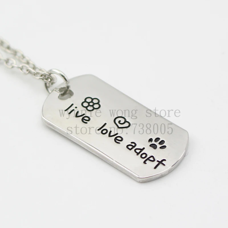 

2015 new Rectangular Dog Tag Style Pendant Necklace Cat Dogs " live love adopt " Pet Rescue Paw Print Tag Wholesale Jewelry !