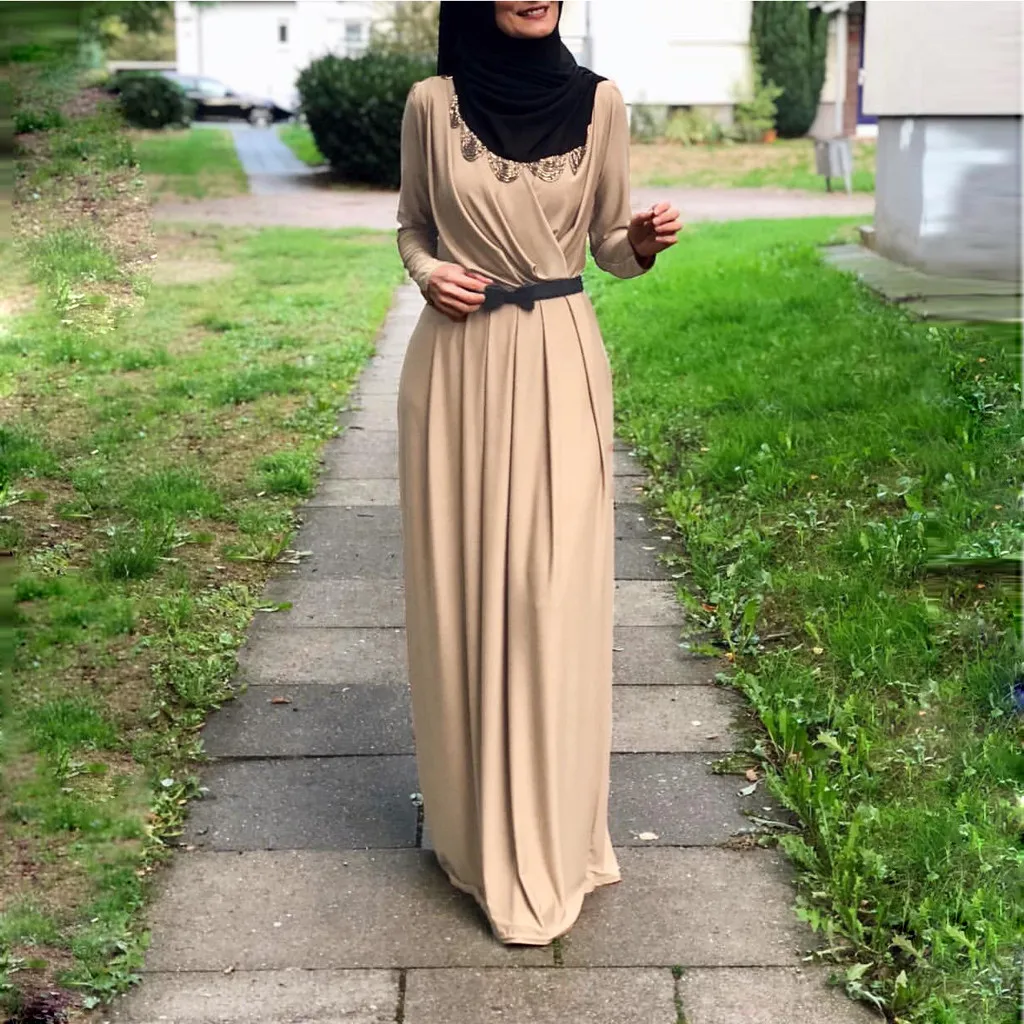 

Womwen 's Indian Pleated Neck Indian Women'S Muslim Dress Burqa Jilab Abaya Full Polyester Dress Women Simple Dresses C30417