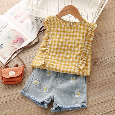 Humor Bear/ г. Новые летние модные стильные комплекты одежды для девочек Дизайнерская футболка с вышивкой+ джинсы, детская одежда комплекты детской одежды - Цвет: yellow