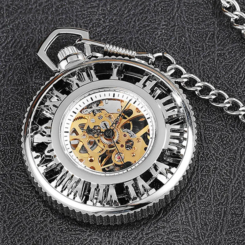 Стимпанк Hollow Механические карманные часы большой римскими цифрами Skleton Винтаж брелок часы Цепочки и ожерелья с цепочкой для Для мужчин Для