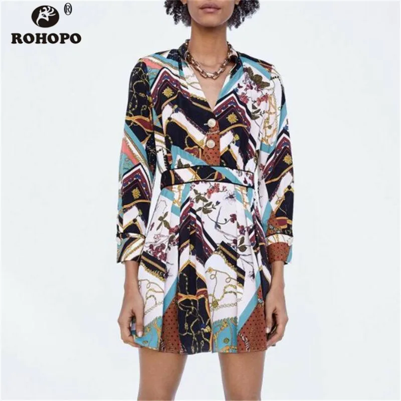 

ROHOPO Long Sleeve Autumn Printed Floral Dress Belted Tunic Top Button Fly Pleated Female Patchwork British Dresses #OYK8722