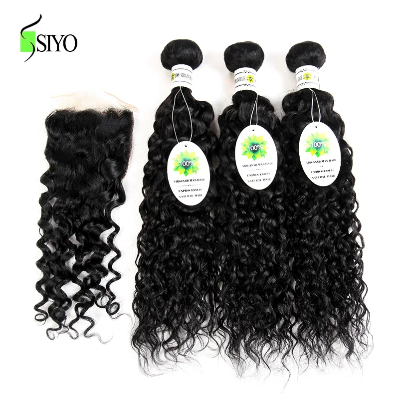 Onda de Água Bundles com Lace Encerramento do Cabelo Pacotes com Fecho de Cabelo Brasileira Siyo Humano Não-remy Tecer Livre Parte 3 1 Cheap Pacotes com 34 com fecho