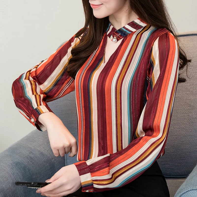 Fashion Women Blouses Striped Chiffon Blouse Shirt V Collar Office Womens Tops And Long Sleeve Shirts A911 | Женская одежда