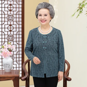 

Spring Autumn New Fashion Mother's Plus Size Loose Long Sleeve Bottoming Shirt Middle Age Women Tshirt Flower Top Pullover