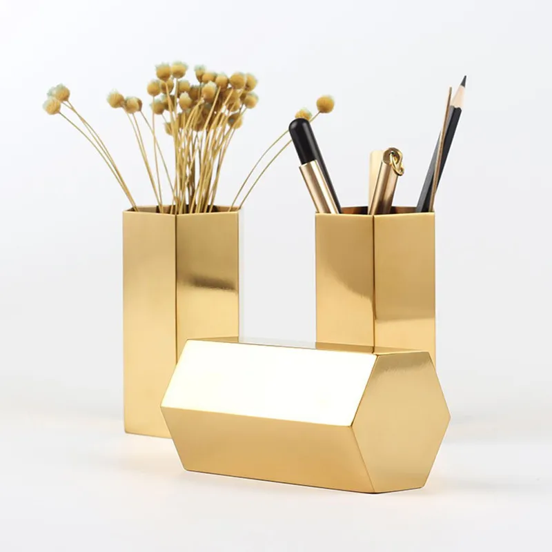 INS Nordic Hexagonal Stainless Steel Gold Vase Modern Fashion Metal Flower Vase Room Study Hallway Home Wedding Decoration