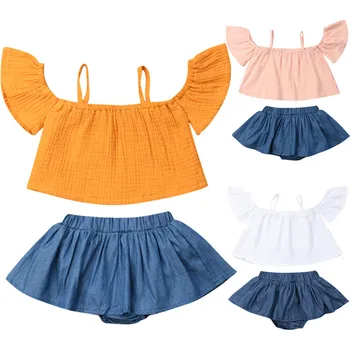 

2019 Kids Baby Girl Sets 2Pcs Off Shoulder Strap Crop Tops+Mini Skirts Shorts Summer Newborn Clothing Girl Outfits 0-3Y