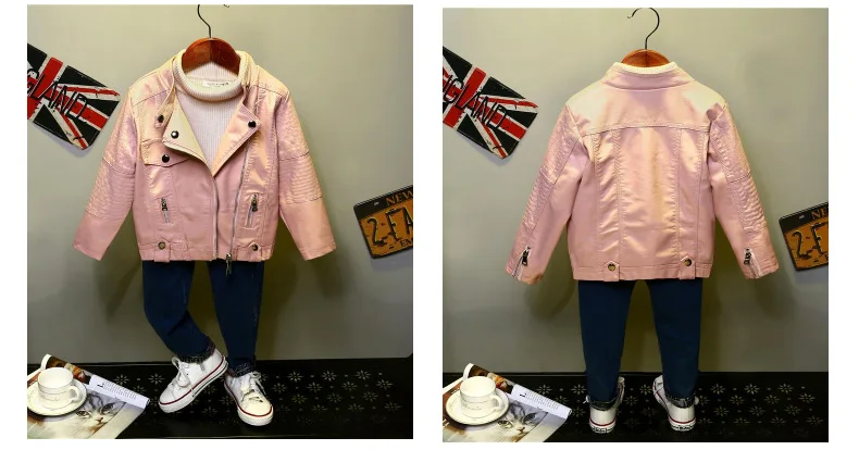 Детские кожаные куртки; коллекция года; сезон весна-осень; куртка с воротником из искусственной кожи для девочек; модные корейские пальто на молнии для детей