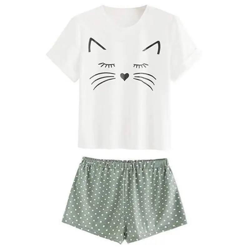 

Women Girls Summer Short Sleeves Pajamas Set Cute Meow Cat Loose T-Shirt Tops Polka Dot Ruffles Shorts Sleepwear Home Loungewear