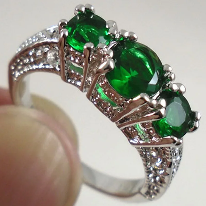 

Fashion White/Black/Red/Purple/Green/Blue Cubic Zirconia Three Stones Silver Color Rings For Women Wedding Jewelry Gifts L4L240
