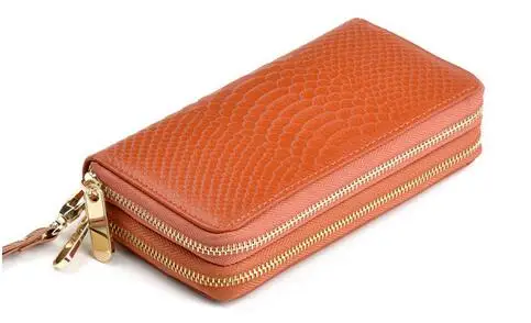 

Women Real Genuine Leather Big Capacity Wallets Famous Brand Fashion Double Zipper Lady Clutch Bag purse with Hand Strap