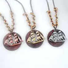 Antique Vintage Long Rope Chain Necklace Wooden Alloy sailing ship Pendants Neckless Cord Men Jewelry Accessories Free Shipping