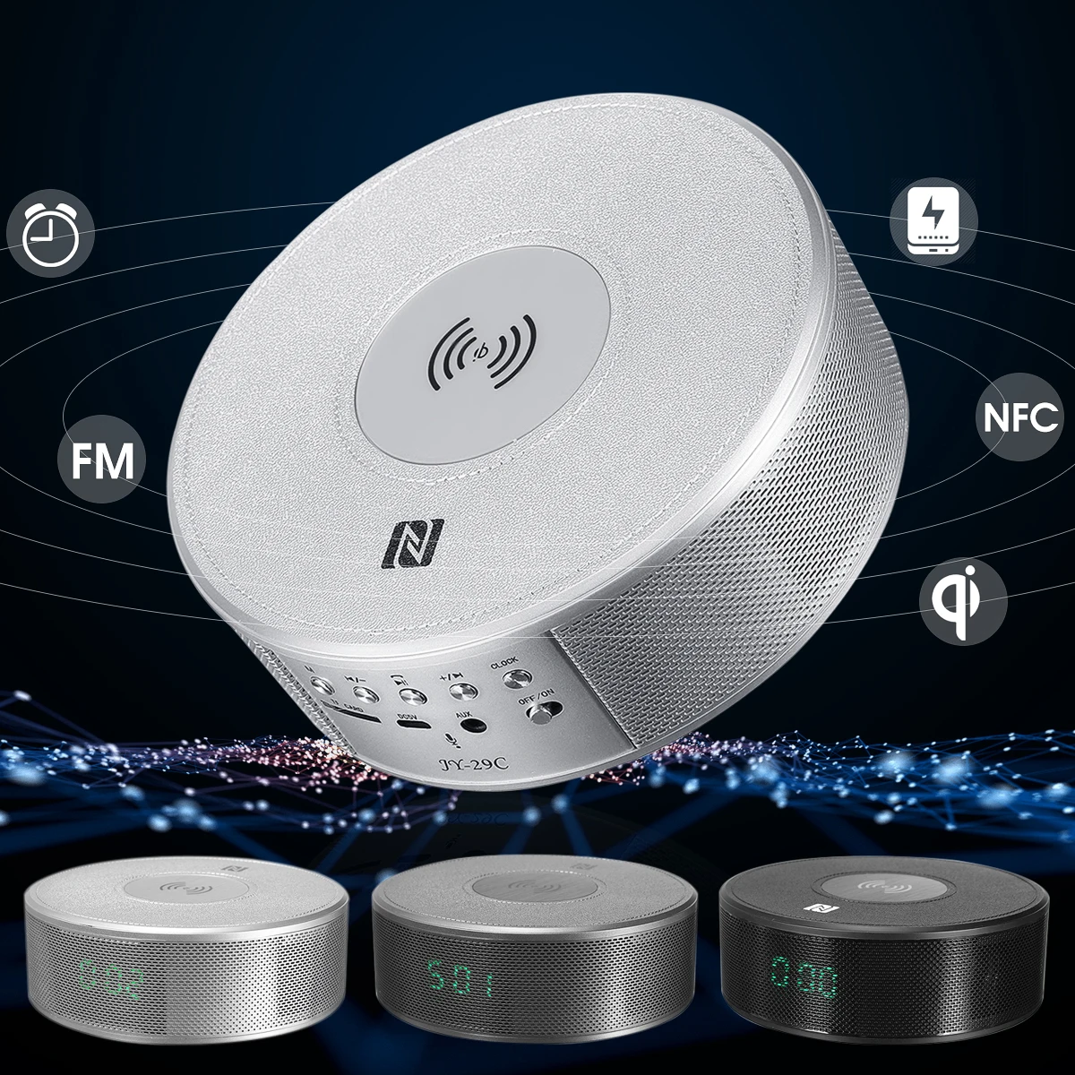 

Qi NFC Bluetooth Speaker Portable Wireless Radio Loudspeaker Qi Wireless Phone Charger Charging Pad Docking with Alarm Clock
