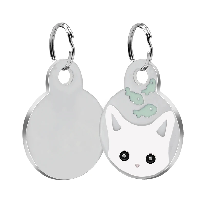 Loverly Anti-lost Stainless Steel Personalized Round Dog Tag Custom Cat Engraved Name Tags Cute Kitten Face ID Tags - Цвет: white