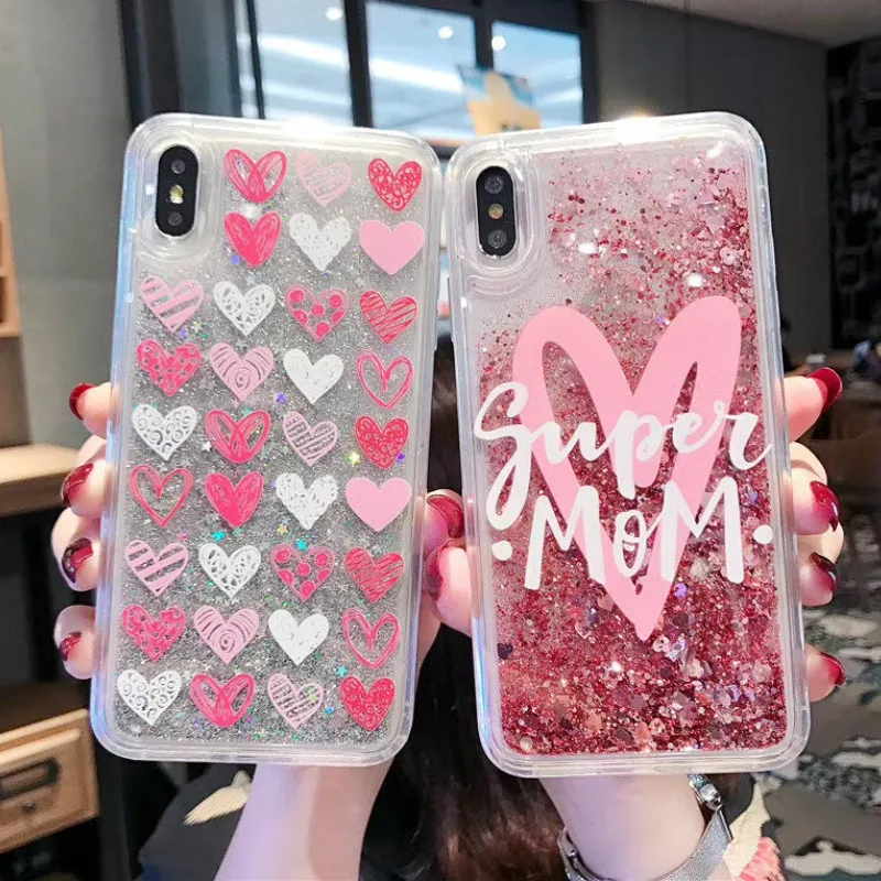 

Glitter Powder Liquid Cover Cute Heart Pattern Star Phone Case For iPhone 8 7 6 6S Plus X XS XR MAX Bling Quicksand Dynamic Capa