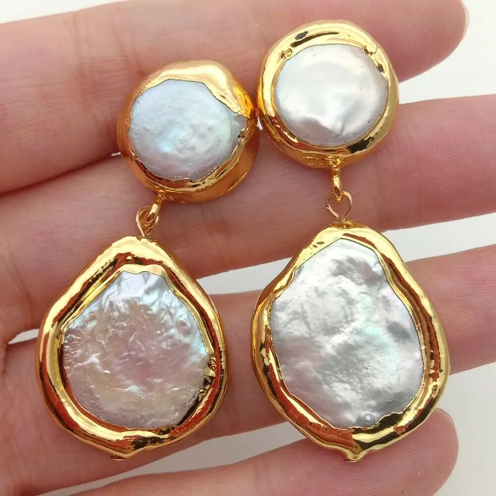 Goede Geel Gouden Vergulde natuurlijke wit coin zoetwater parels Oorbellen