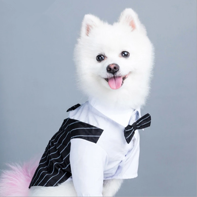 新しい犬結婚式のスーツドレスペット犬猫服のシャツ蝶ネクタイチワワの服かわいいストライプ結婚式のタキシードスーツベスト 犬用セット Aliexpress