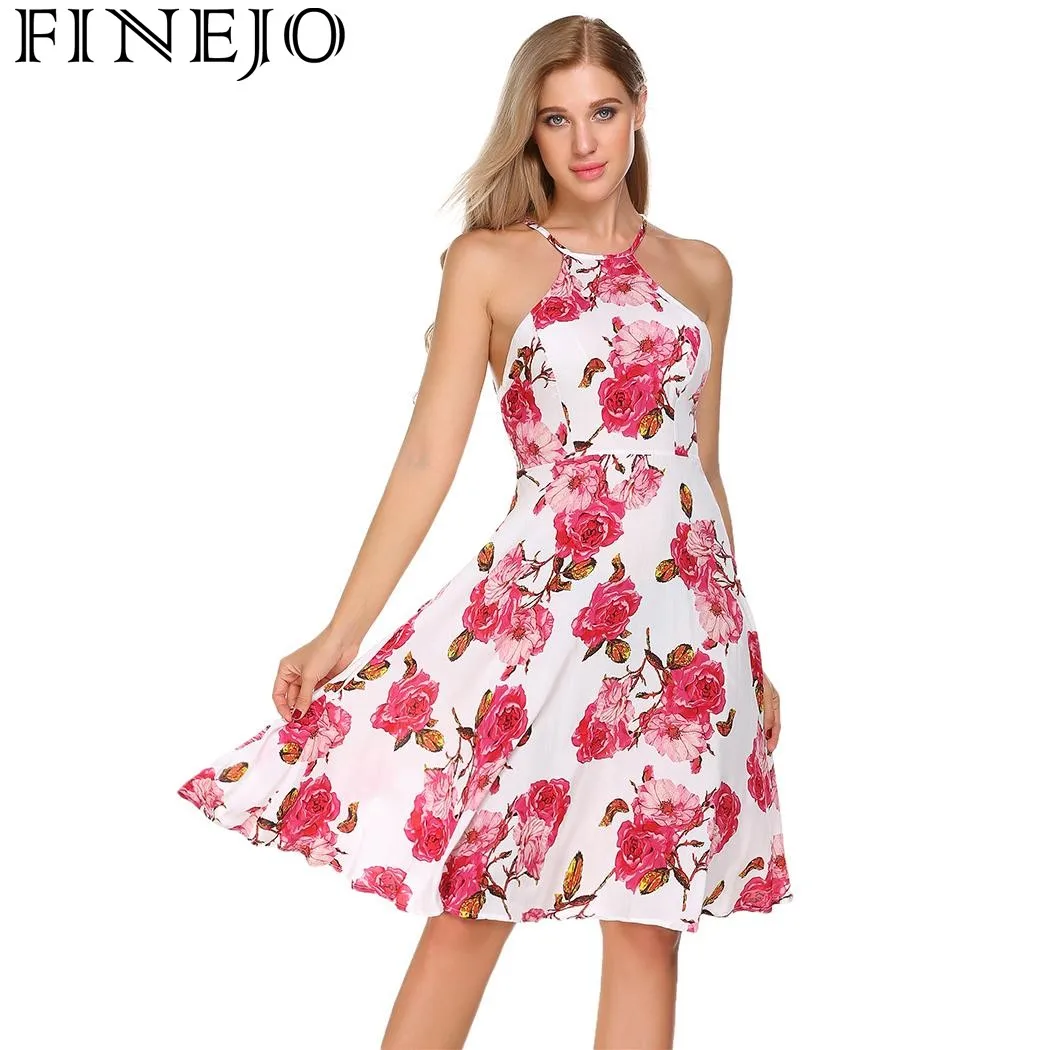 FINEJO Floral Print Vintage Dress 2017 New Fashion Casual Women Summer Dress 80s Sleeveless Belted Party Dresses Vestidos