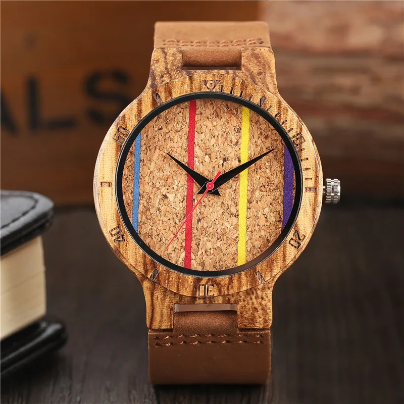 

Minmalist Nature Bamboo Wood Mens Watches Simple Sport Yellow Log Color Stripe Dial Genuine Leather Band Quartz WristWatch Gift