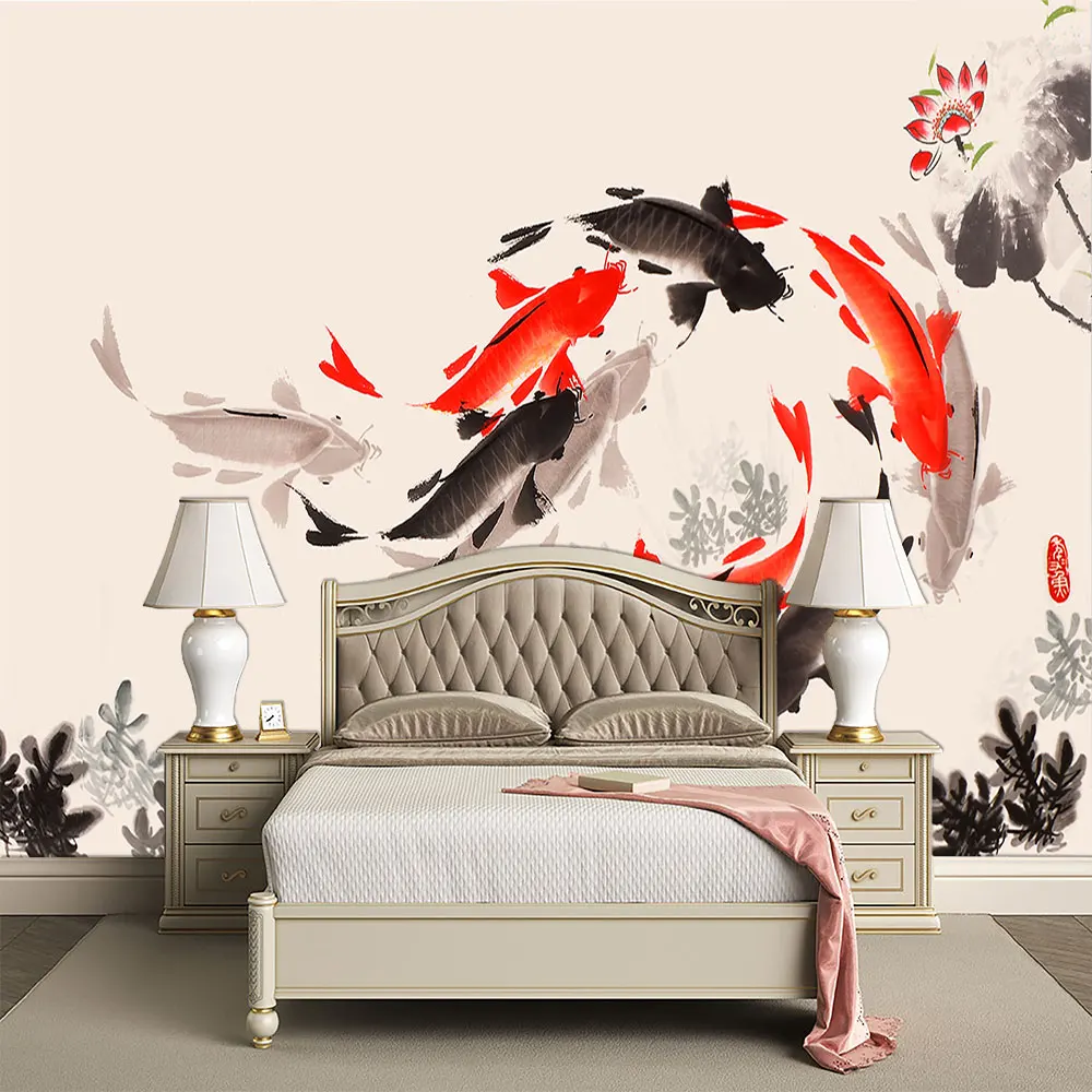 

Decoration Textile wallpaper Chinese style Chinese painting, ink, nine fish, TV background wall