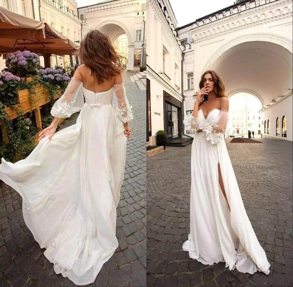 Mejorventa Novedad Vestidos De Novia De Playa 2020 Escote Con Forma De Corazon De Encaje Vestido De Novia Bohemio Con Mangas Desmontables Vestido De Novia Bohemio Dividido September 2020