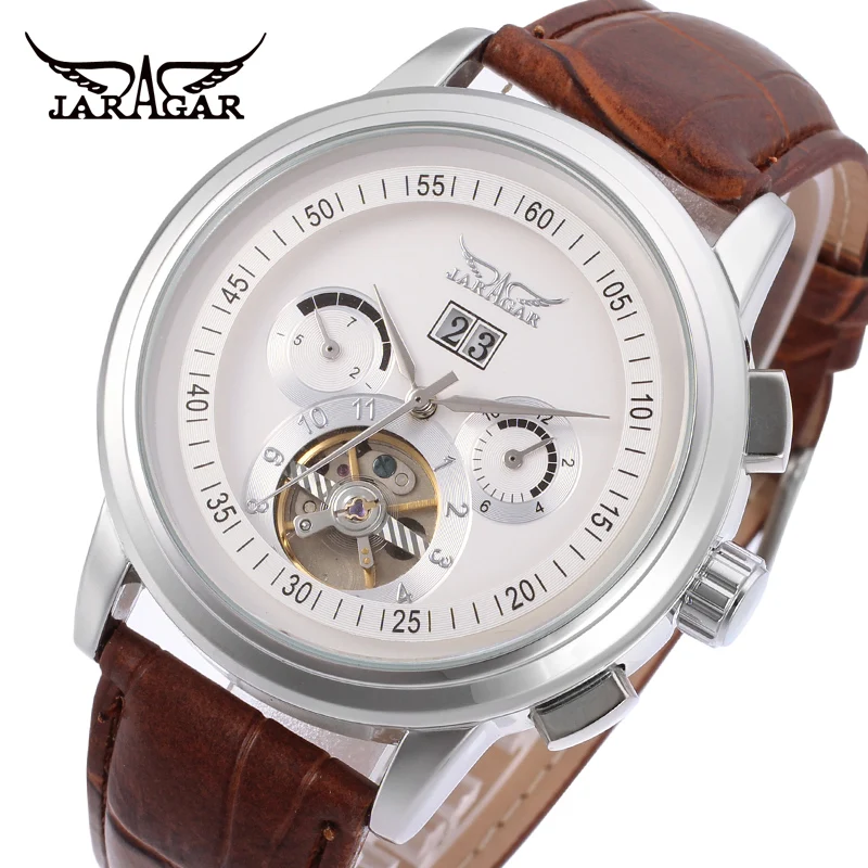

Jargar Automatic silver color men wristwatch tourbillon brown leather strap free shipping JAG16557M3S2