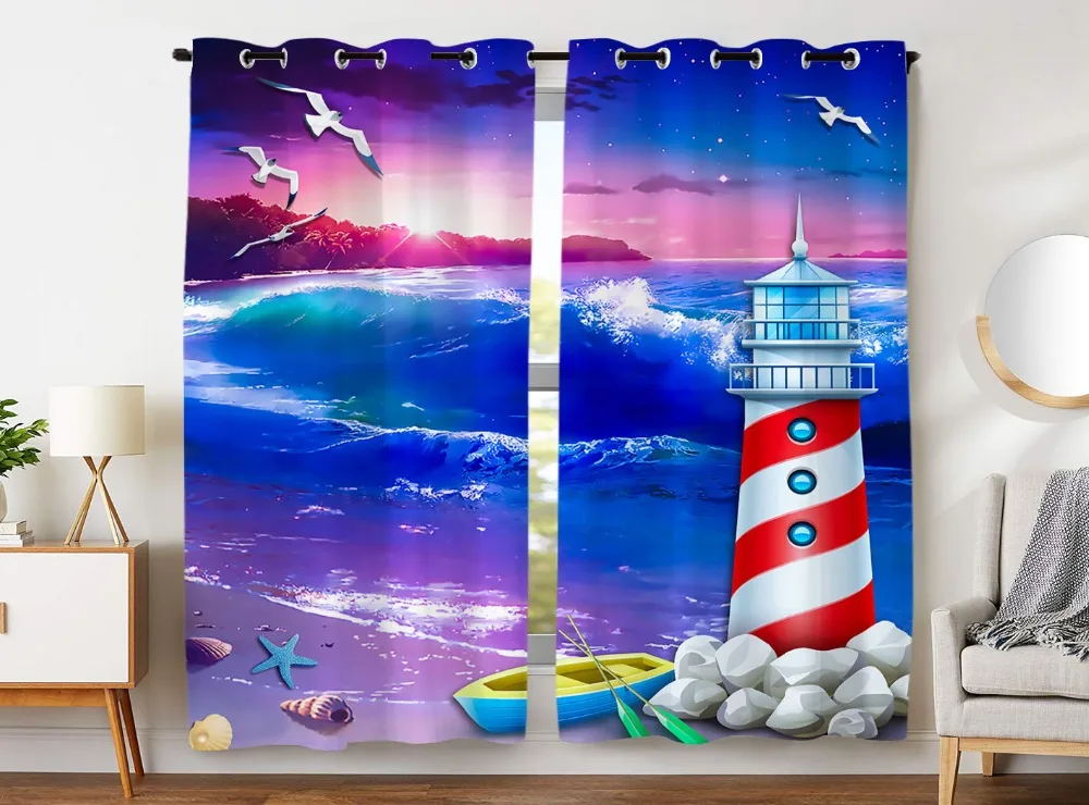 

HommomH Curtains (2 Panel) Grommet Top Darkening Blackout Room Azure Sea Sunset Lighthouse Seagull Ship Starfish