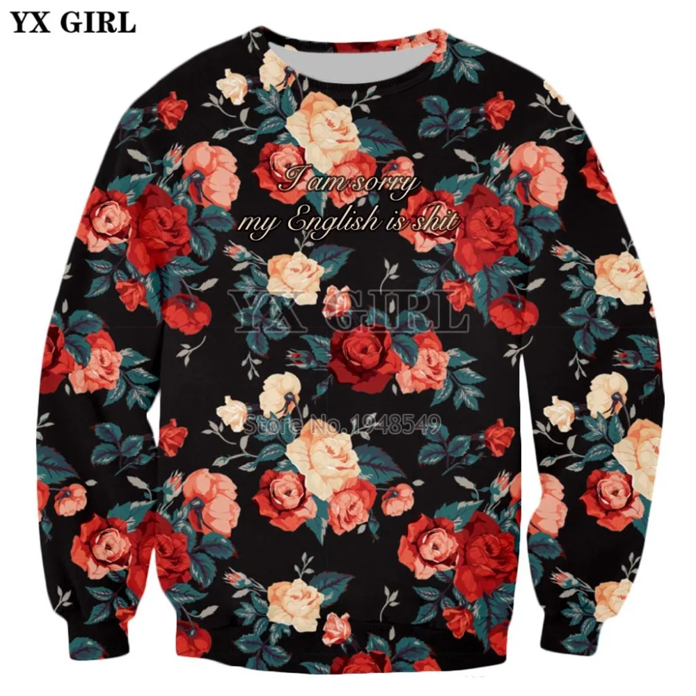 

YX GIRL Brand clothing 2018 New Fashion Mens 3d Sweatshirt Retro Style Flowers and letters Print Men/Women Casual sweatshirt