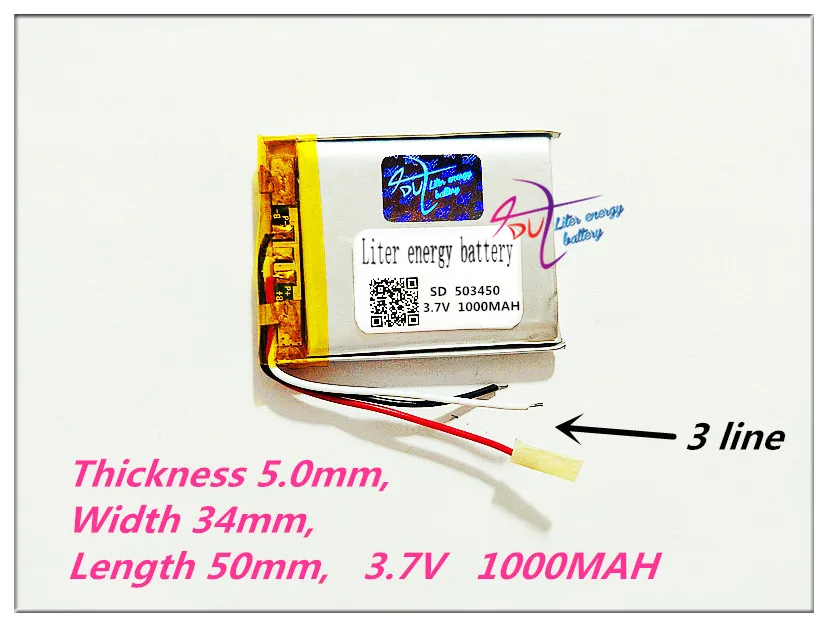 

3 line 503450 3.7V 1000MAH PLIB; polymer lithium ion / Li-ion battery for GPS,mp3,mp4,mp5,dvd,bluetooth,model toy