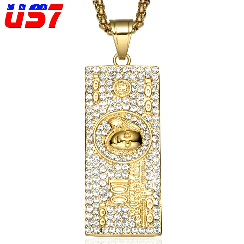 US7 хип-хоп Iced Out побрякушки из нержавеющей стали US 100 доллар кулон ожерелье набор