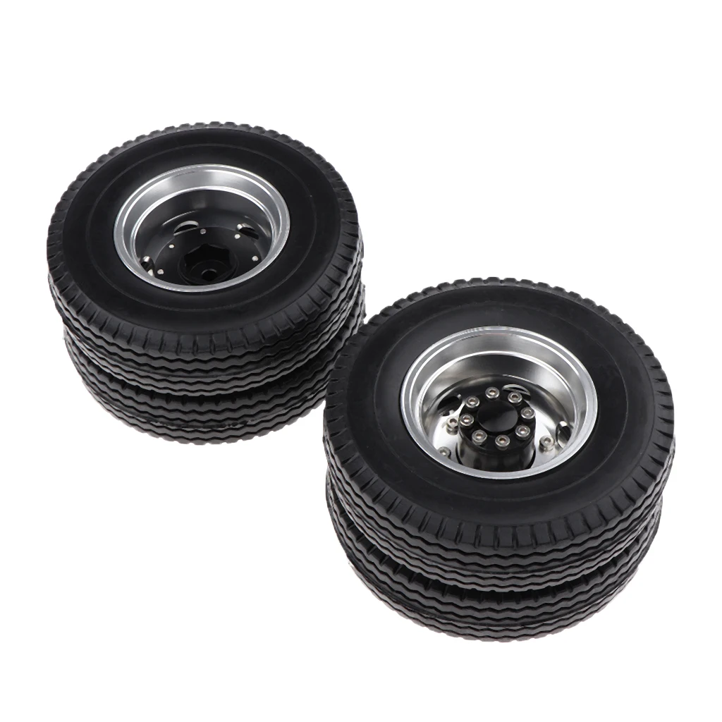 6PCS Machined Alloy Rear Front Hub Wheel Rim Type & Rubber Tire for 1/14 Scale Tractor Trucks RC Vehcile Vehicles Toy Parts