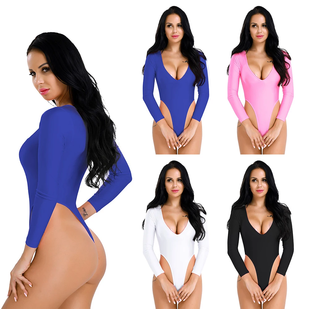 iEFiEL Women Sexy Bodysuit Long Sleeve High Cut Crotchless Thong Leotard Body String Catsuit Jumpsuit Womens Dancing Clothing bodysuits