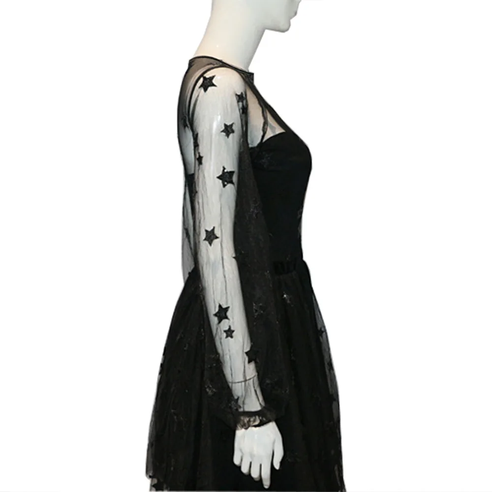 Летнее Сетчатое женское платье из полиэстера, черное сексуальное кружевное платье с рукавами, элегантные платья сказочной принцессы с блестками и звездами