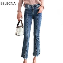 Корейский стиль, обтягивающие винтажные облегающие джинсы с высокой талией, Эластичные Обтягивающие джинсы для женщин, новинка, элегантные джинсовые расклешенные брюки для женщин A396