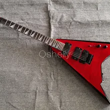 Высокое качество QShelly на заказ красное пламя клен Топ v форма тела Черный пикап Треугольник инкрустация электрогитары Музыкальные инструменты магазин