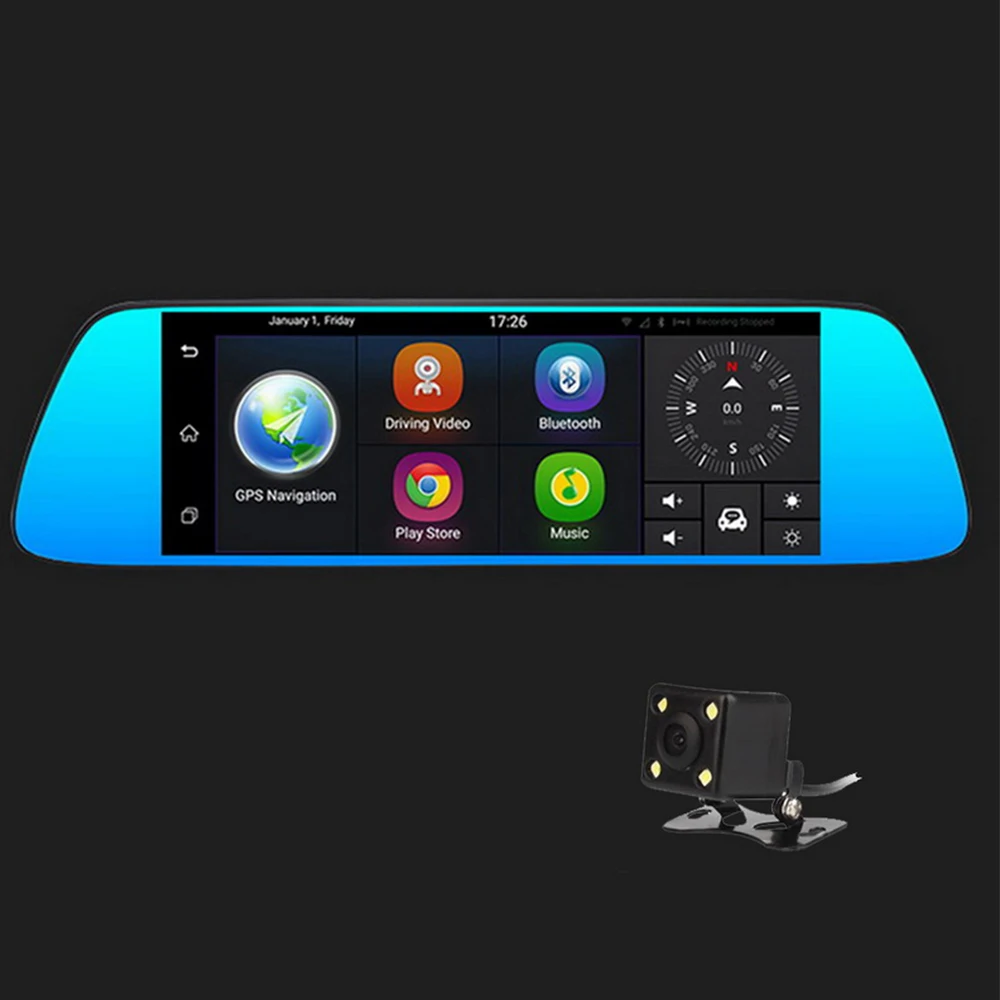 Android 5.0 Car Dvr 7" Inch Dual Lens Rearview Mirror Gps Bluetooth