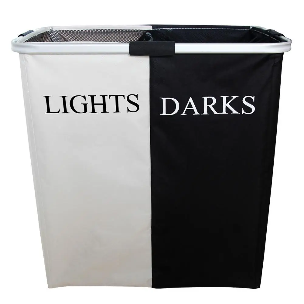 

Medium-sized Double Compartments Black And White Laundry Hamper For Dirty Clothes Folding Aluminum Lightweight Storage Basket