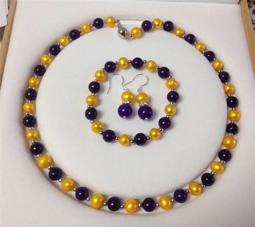 

shipping8-8.5mm Golden Akoya Cultured Pearl/Amethyst Bracelet Necklace Earrings Set BV51 (A0516)