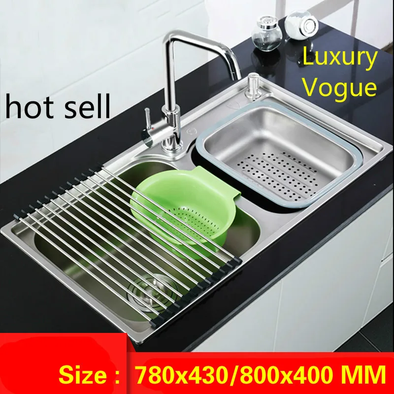 

Free shipping Standard individuality fashion double groove sink food grade 304 stainless steel big hot sell 780x430/800x400 MM